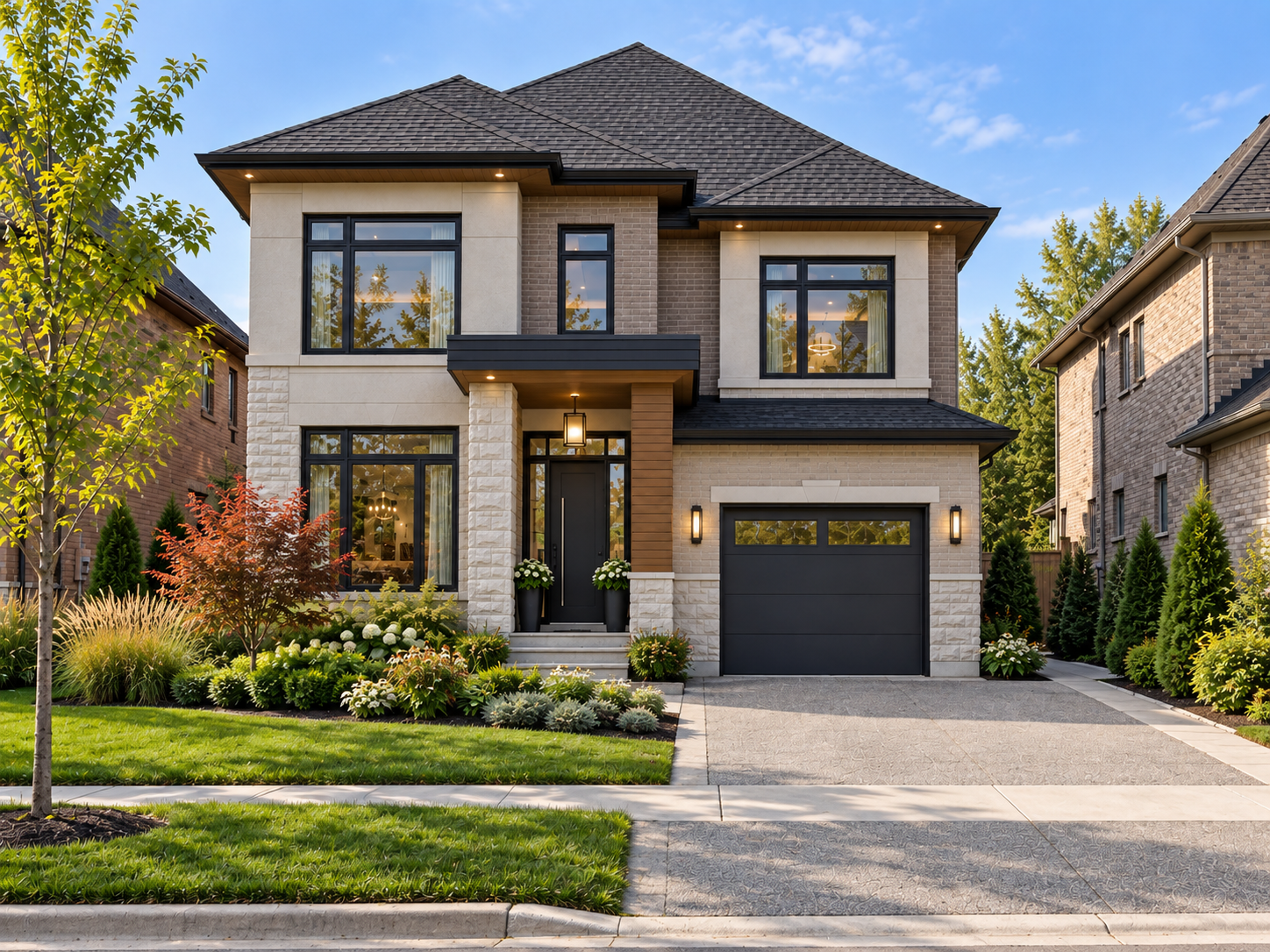 Modern Ontario suburban home with landscaped front yard